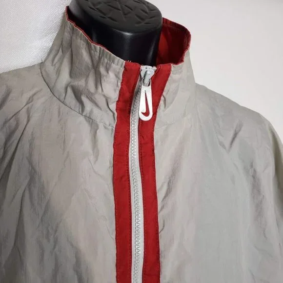 Nike Men's Windbreaker Jacket XL Gray Red Swoosh Nylon Half Zip White Label - Picture 2 of 11